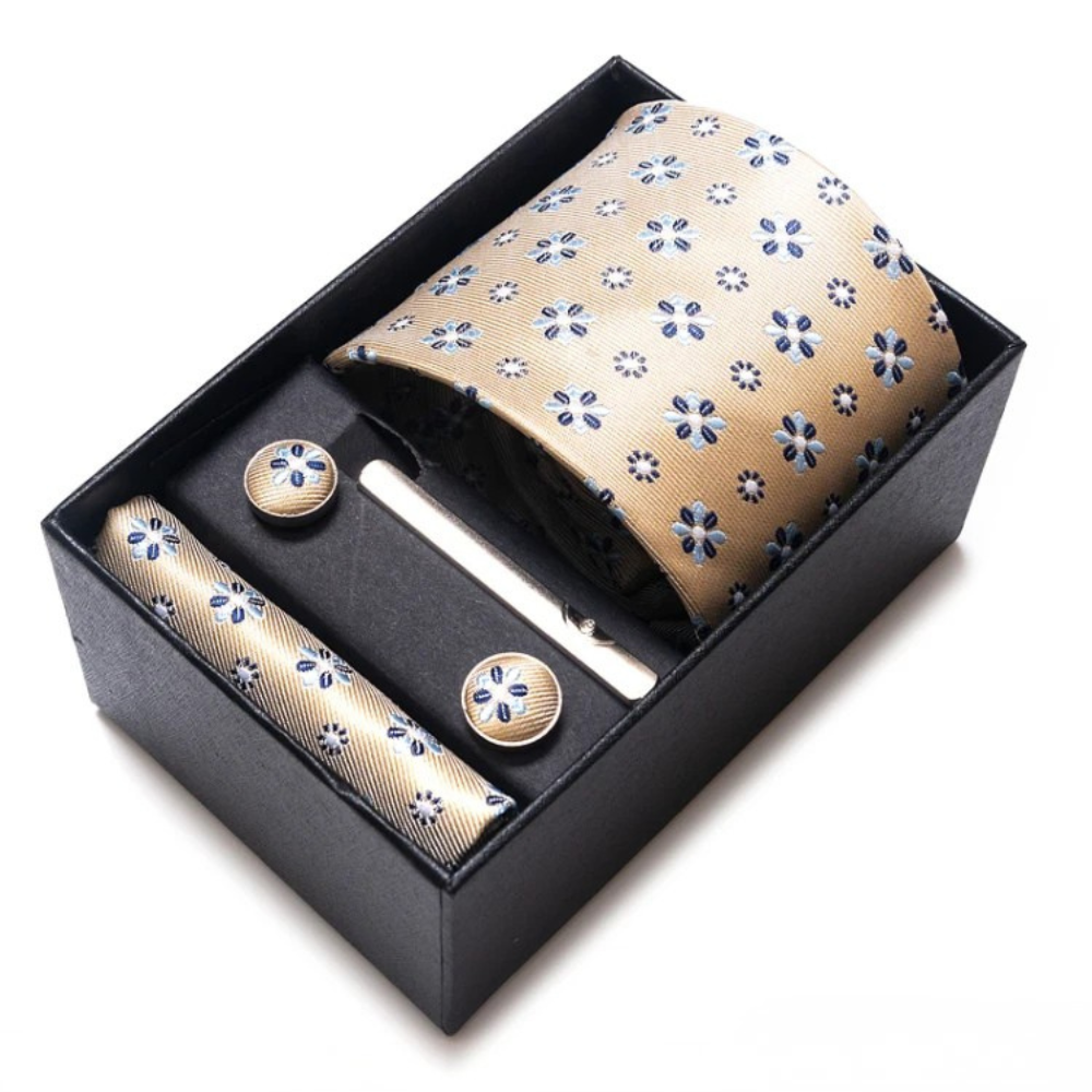Coffret Cravate Beige à Motifs Fleuris Bleus