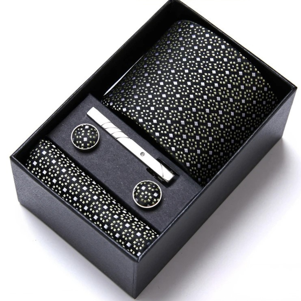 Coffret Cravate Noire Motif Géométrique