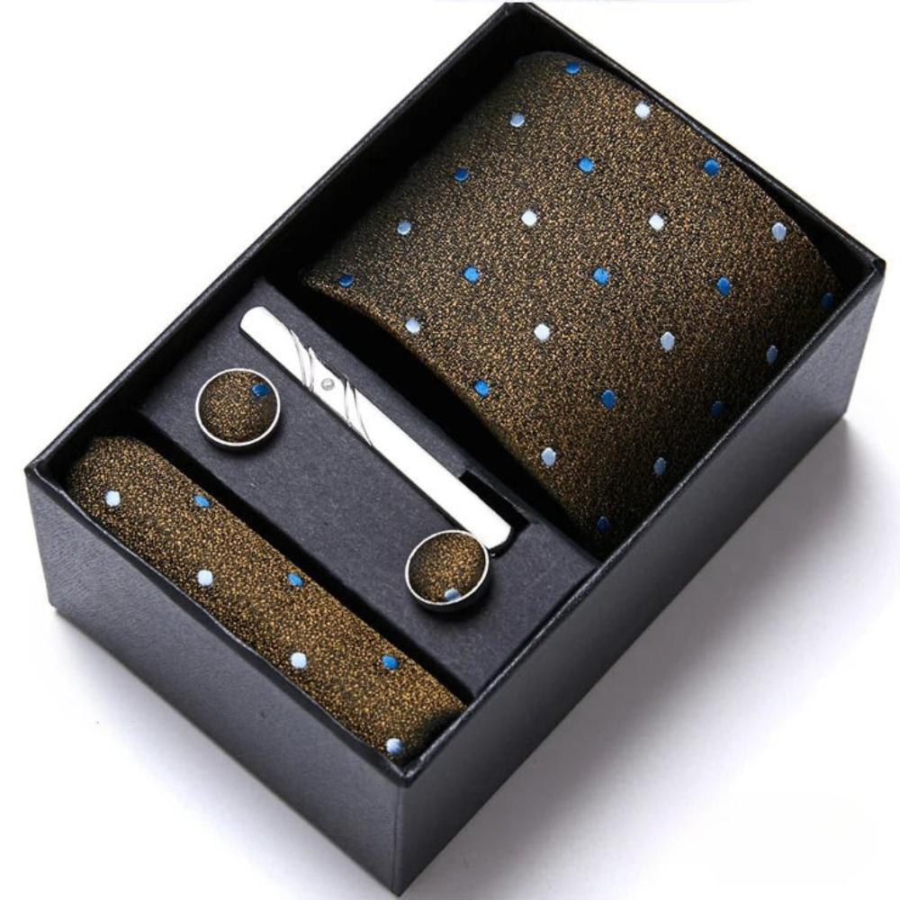 Coffret Cravate Marron Doré à Pois Bleus