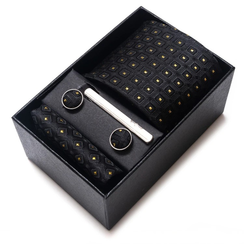 Coffret Cravate Noir à Motifs Dorés