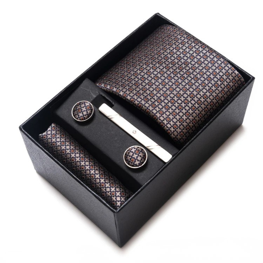 Coffret Cravate Gris & Marron à Motifs