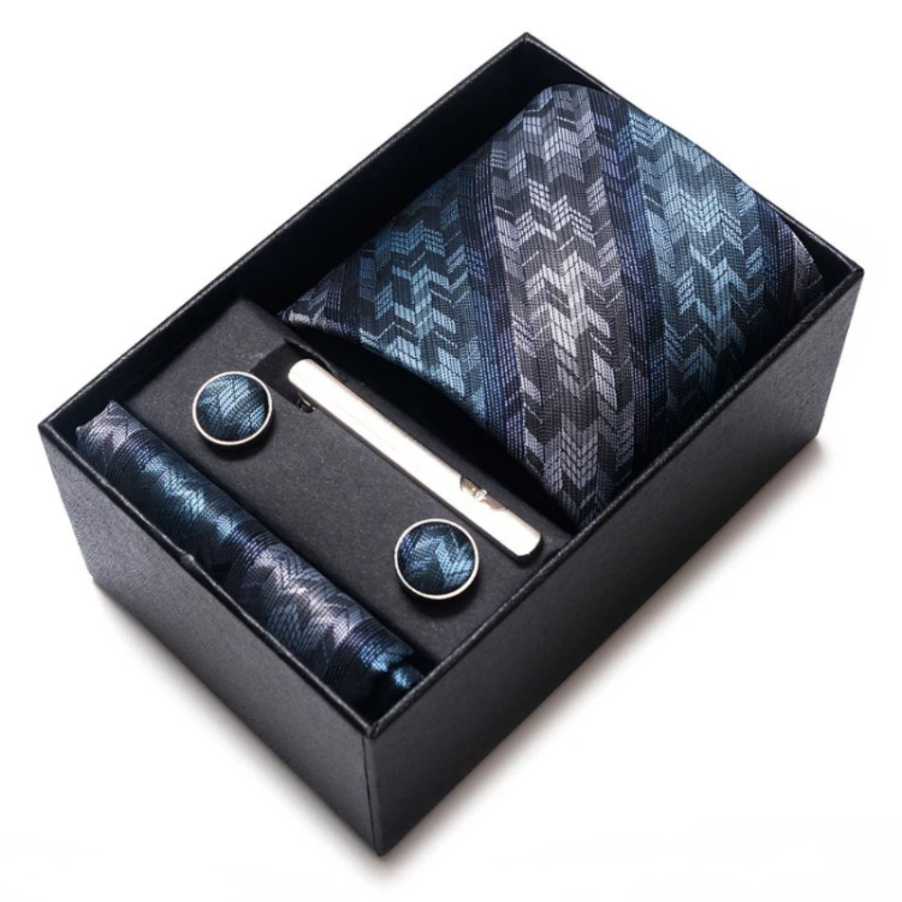 Coffret Cravate Bleu Nuit à Motifs Chevron