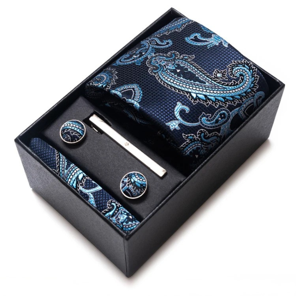 Coffret Cravate Bleu Marine à Motifs Paisley