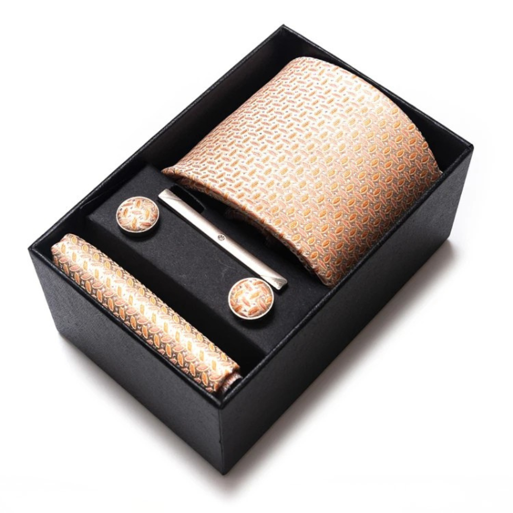 Coffret Cravate Beige Doré à Motifs