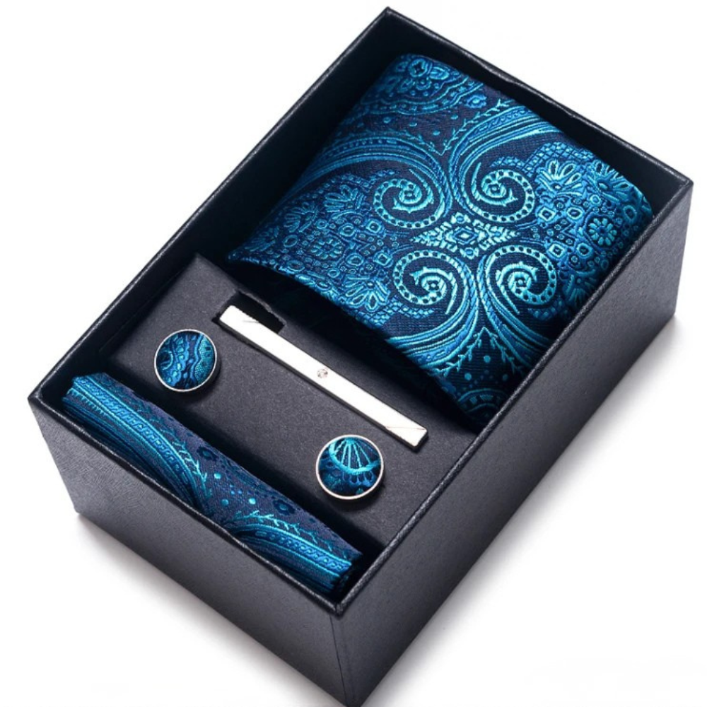 Coffret Cravate Bleu Canard à Motifs