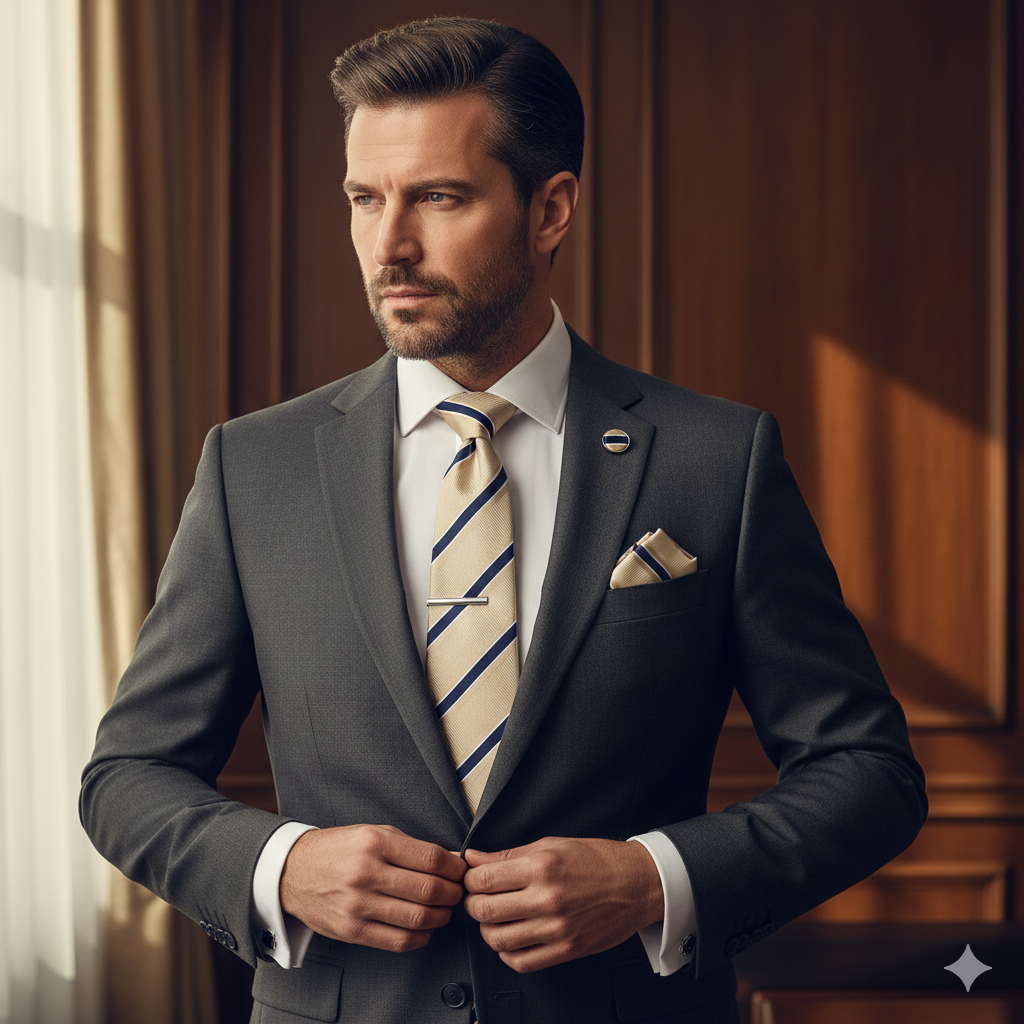 Coffret Cravate Beige Doré Rayures Bleu Marine