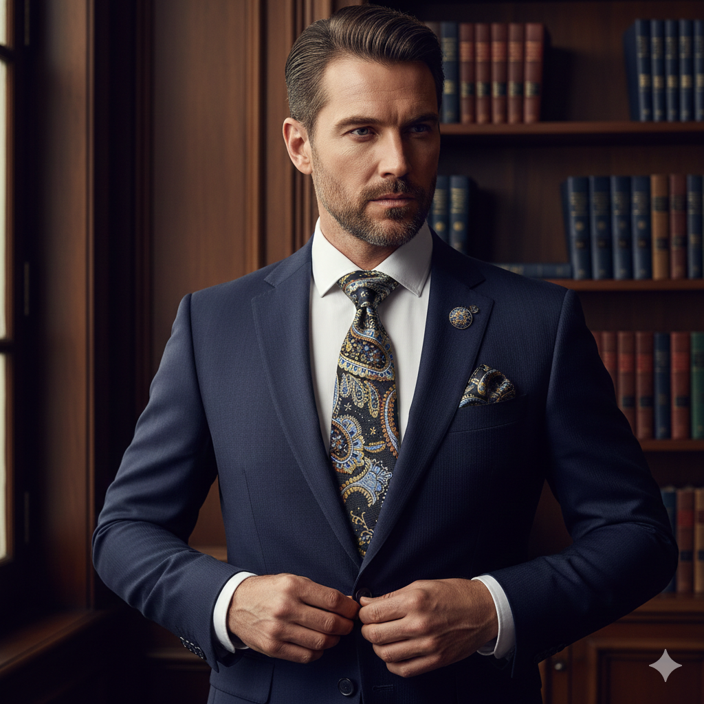 Coffret Cravate Paisley Noir, Bleu & Or