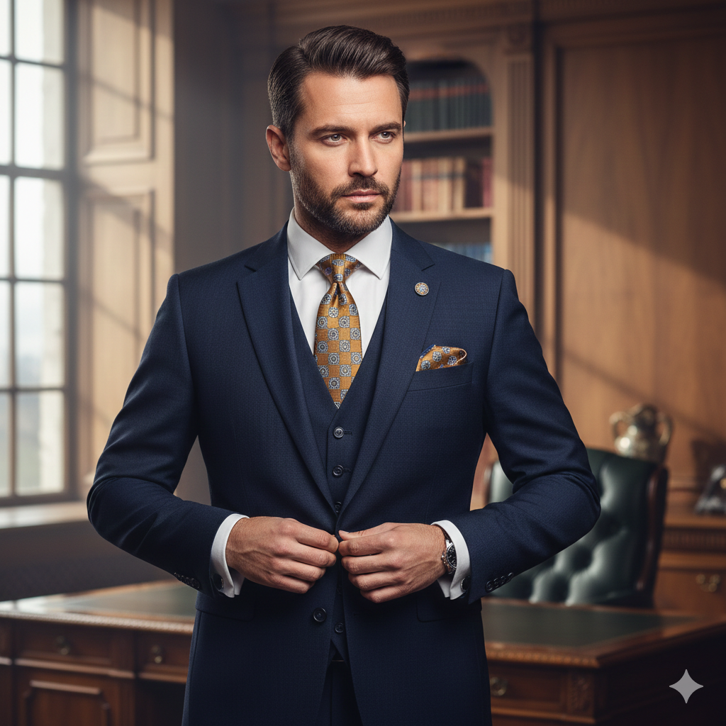 Coffret Cravate Camel à Motifs Bleus