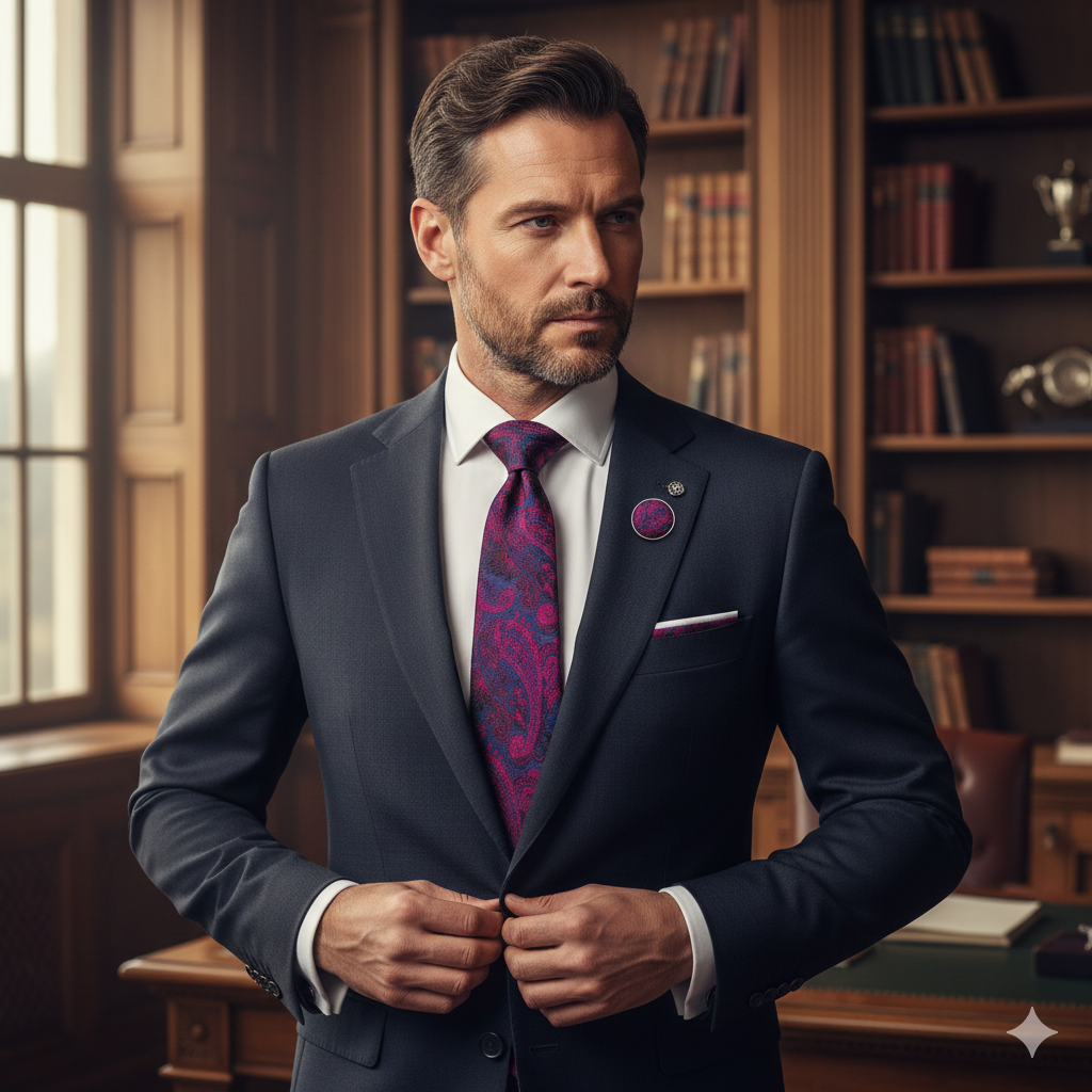 Coffret Cravate Bleu Marine & Rouge Motif Cachemire