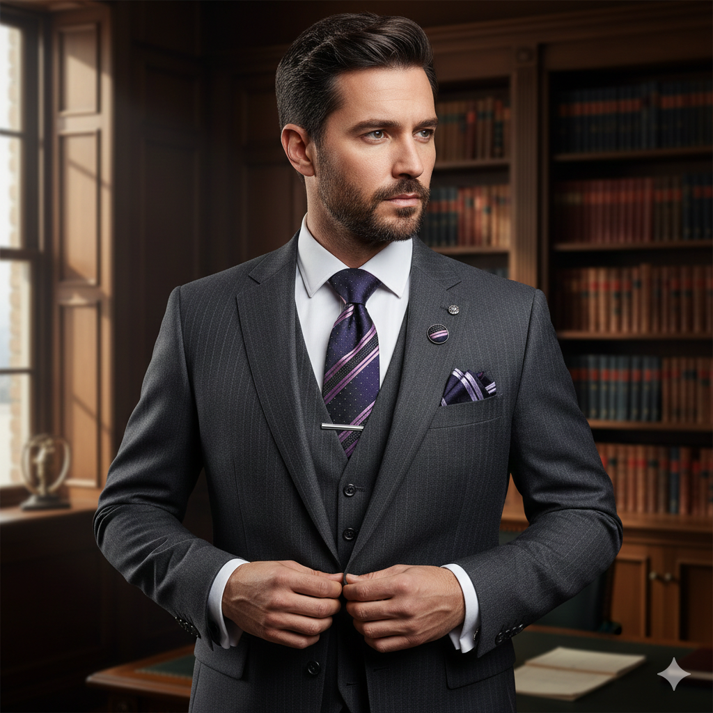 Coffret Cravate Bleu Nuit & Rayures Mauves