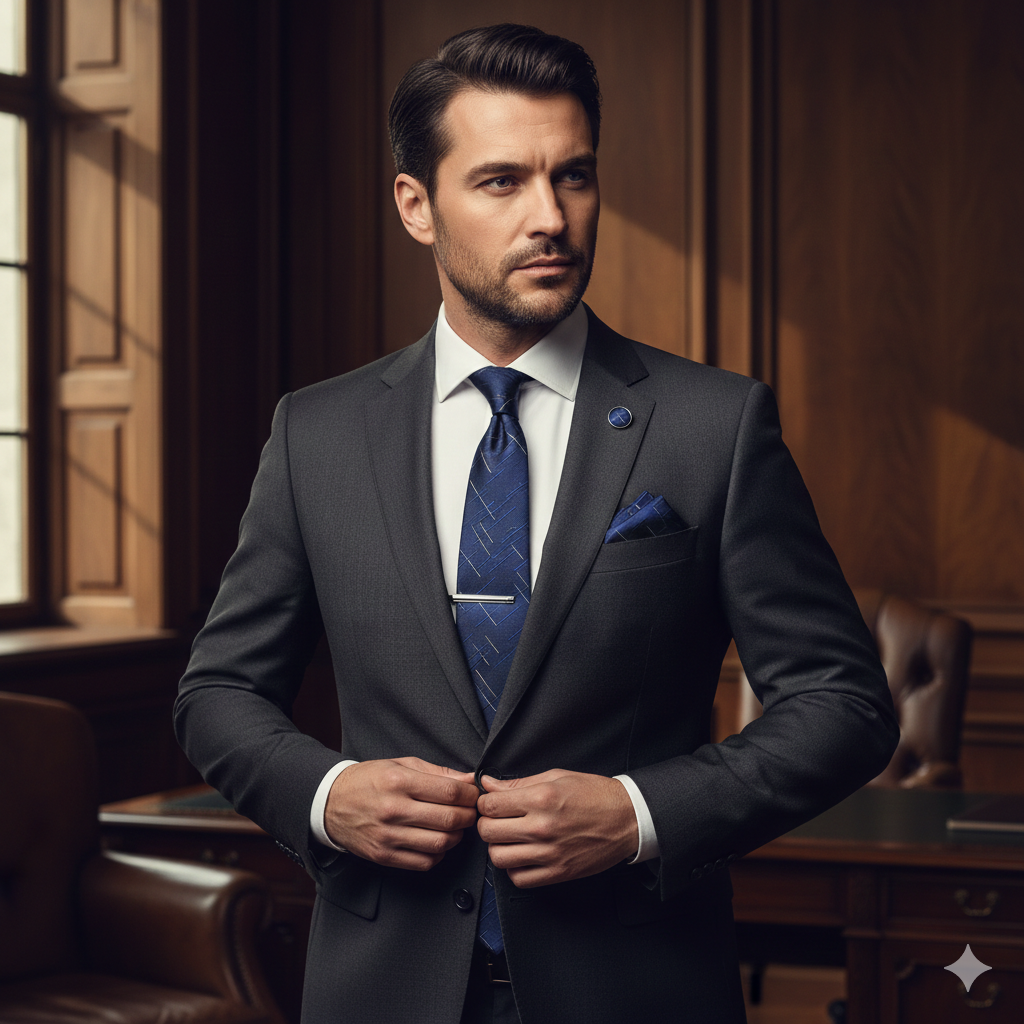 Coffret Cravate Bleu Marine Motif Lignes Croisées