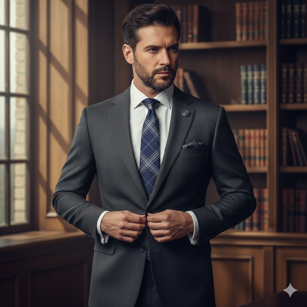 Coffret Cravate Bleu Marine & Gris à Carreaux