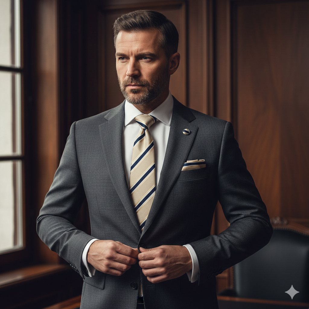 Coffret Cravate Beige Rayée Bleu Marine