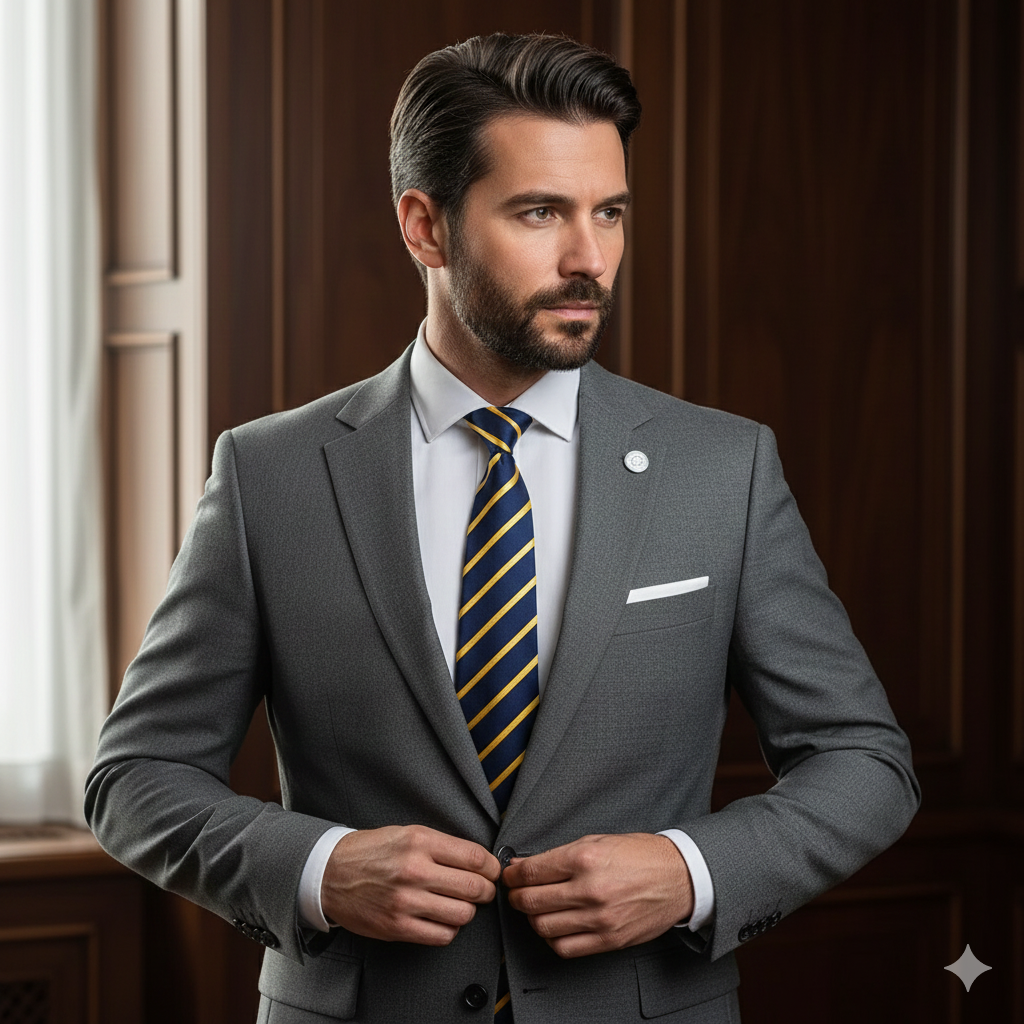 Cravate Rayée Bleu Marine & Jaune