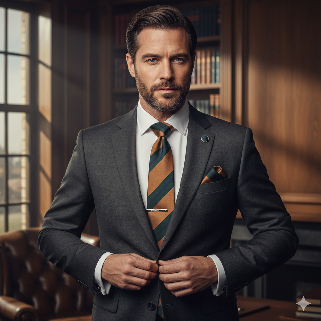 Coffret Cravate Rayée Marron & Verte