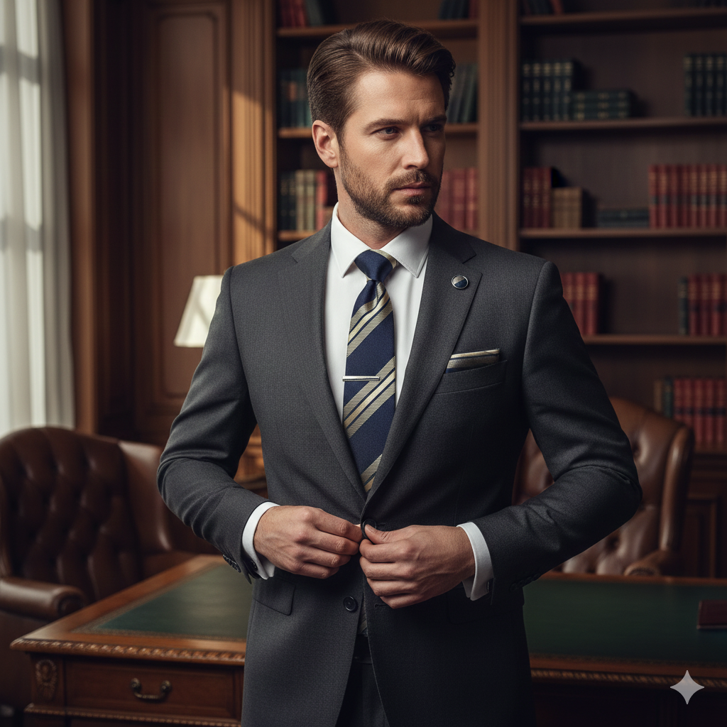 Coffret Cravate Rayée Dorée & Bleu Marine