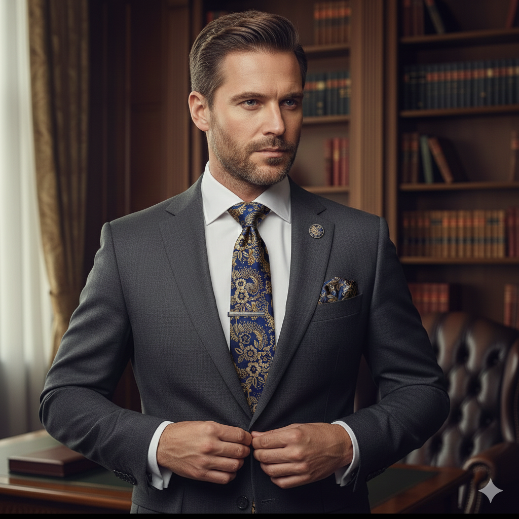 Coffret Cravate Bleu & Or à Motif