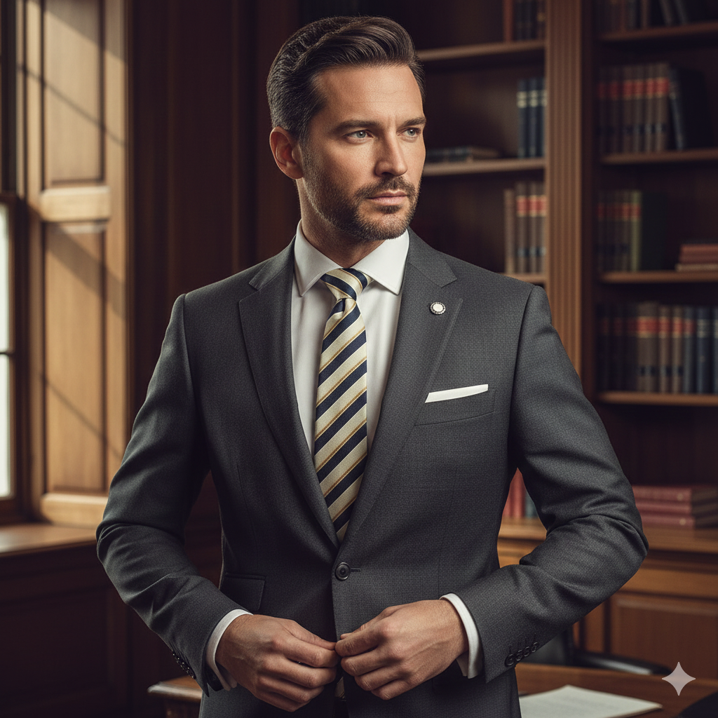 Cravate Slim Vert Clair à Rayures Marine & Dorées