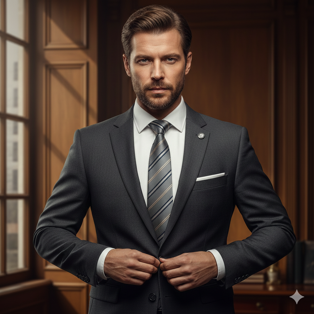 Cravate Slim Grise Rayée Bleu Marine & Beige