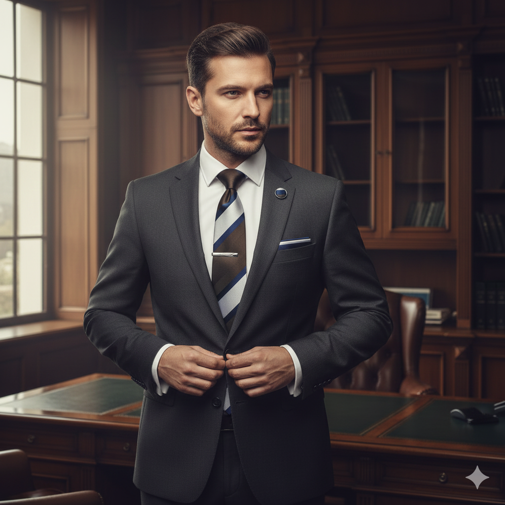 Coffret Cravate Rayée Marron et Bleu Marine