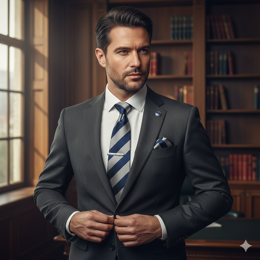 Coffret Cravate Rayée Bleu Marine & Grise