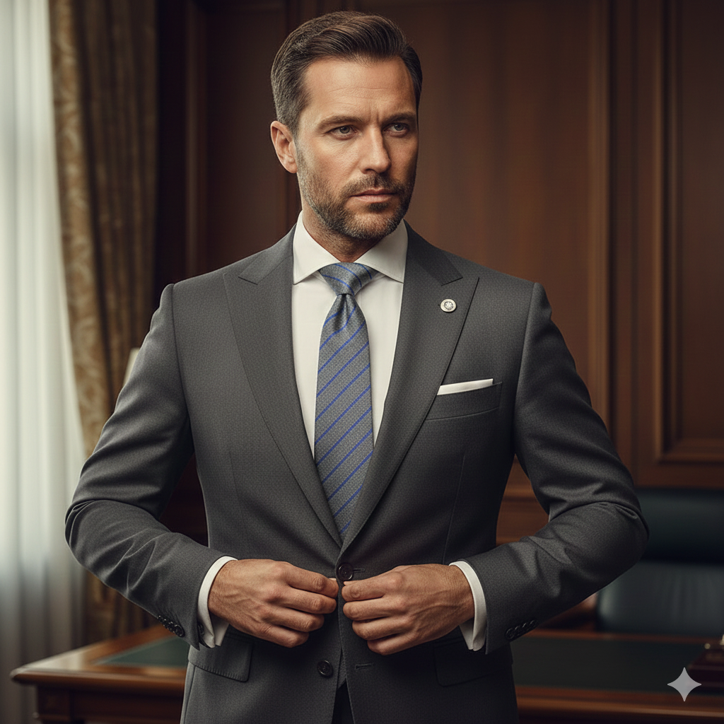 Cravate Grise à Rayures Bleues – Laine & Coton