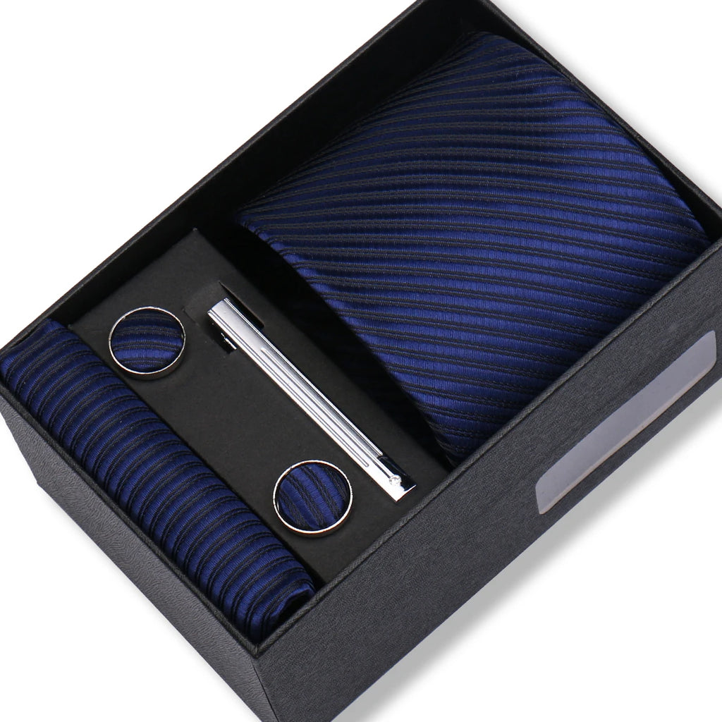 Coffret Cravate Bleu Nuit Rayures Texturées