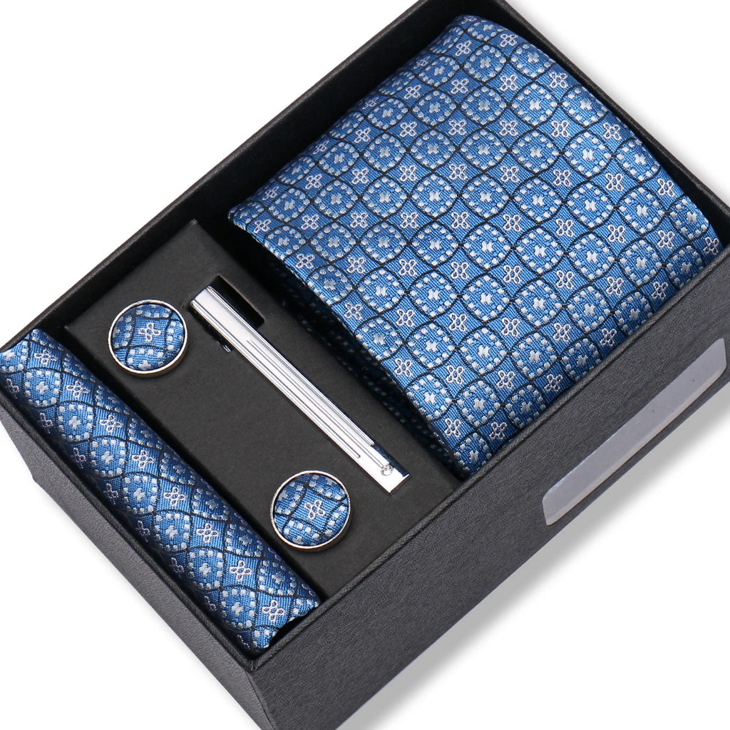 Coffret Cravate Bleu Azur Motif Géométrique