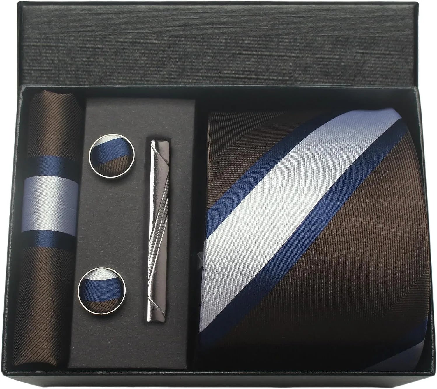 Coffret Cravate Rayée Marron et Bleu Marine
