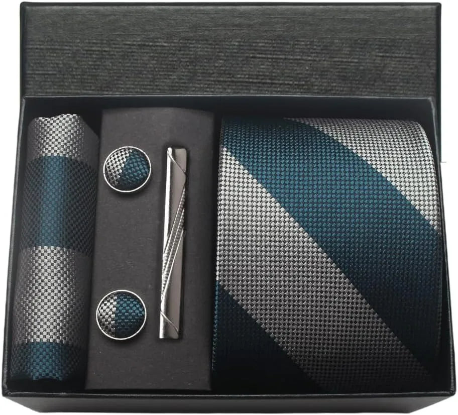 Coffret Cravate Rayée Bleu & Argent