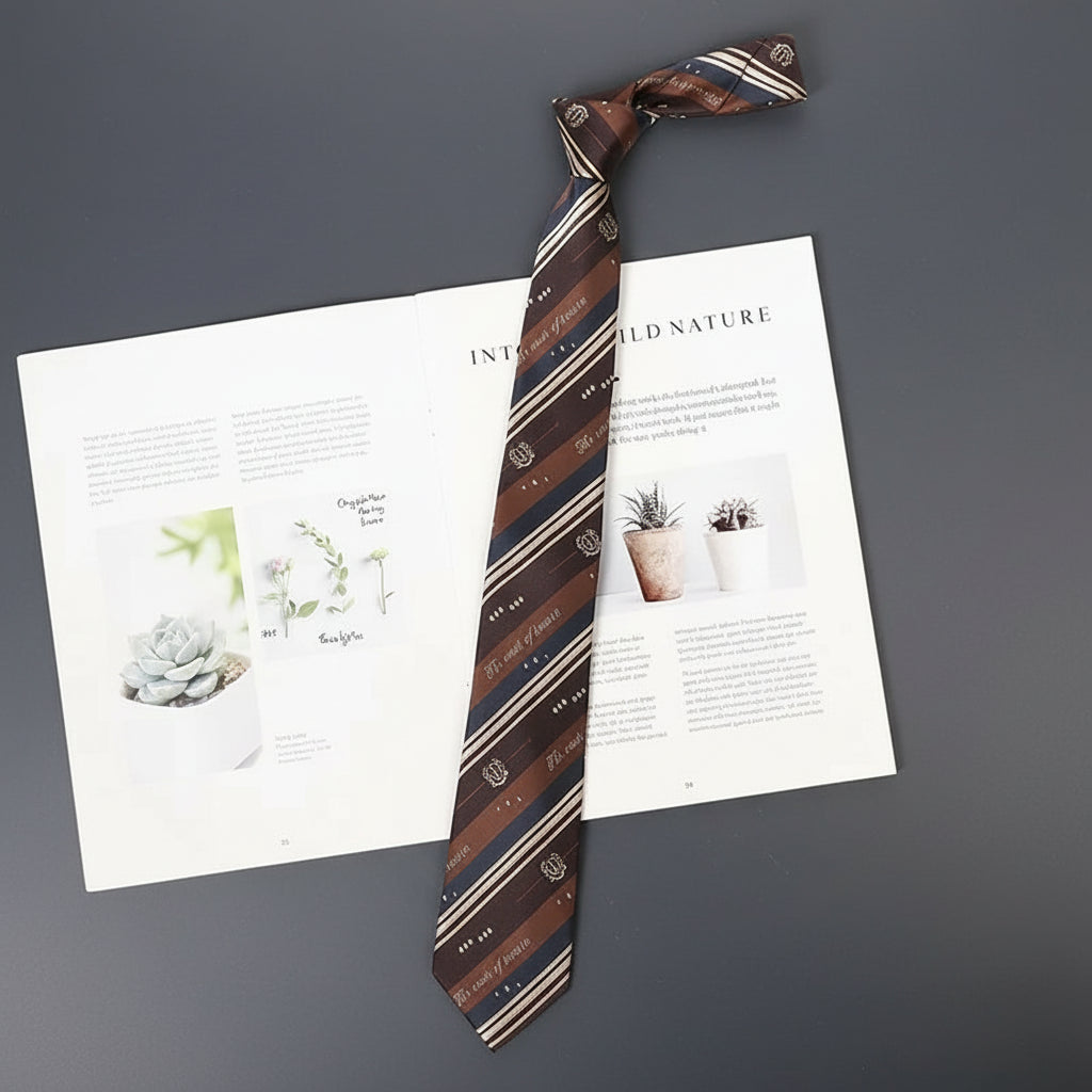 Cravate Slim Marron Rayée Beige & Bleu