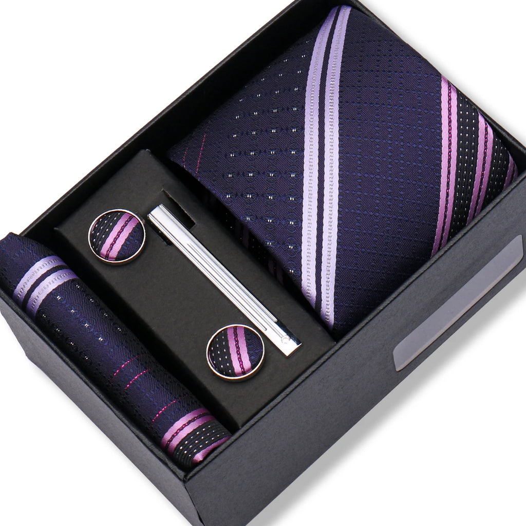 Coffret Cravate Bleu Nuit & Rayures Mauves