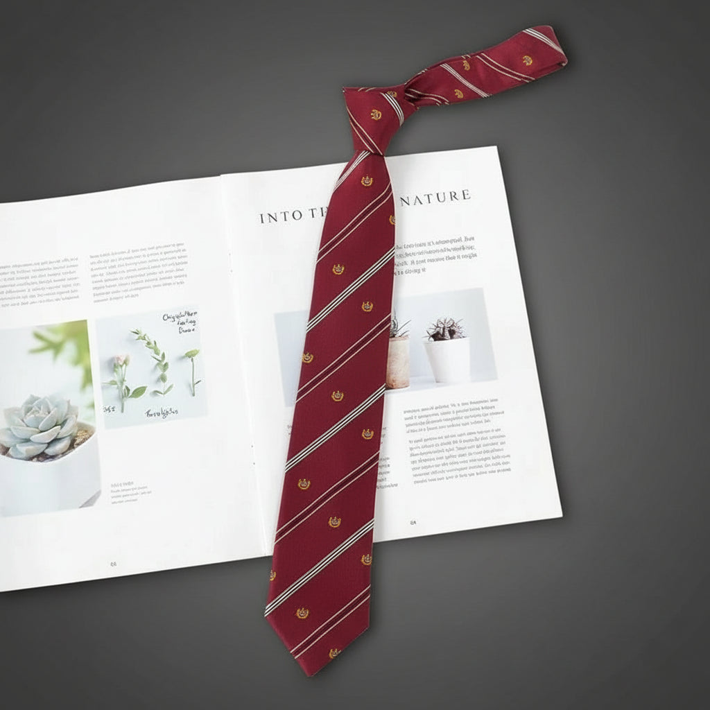 Cravate Bordeaux à Rayures & Écussons Dorés