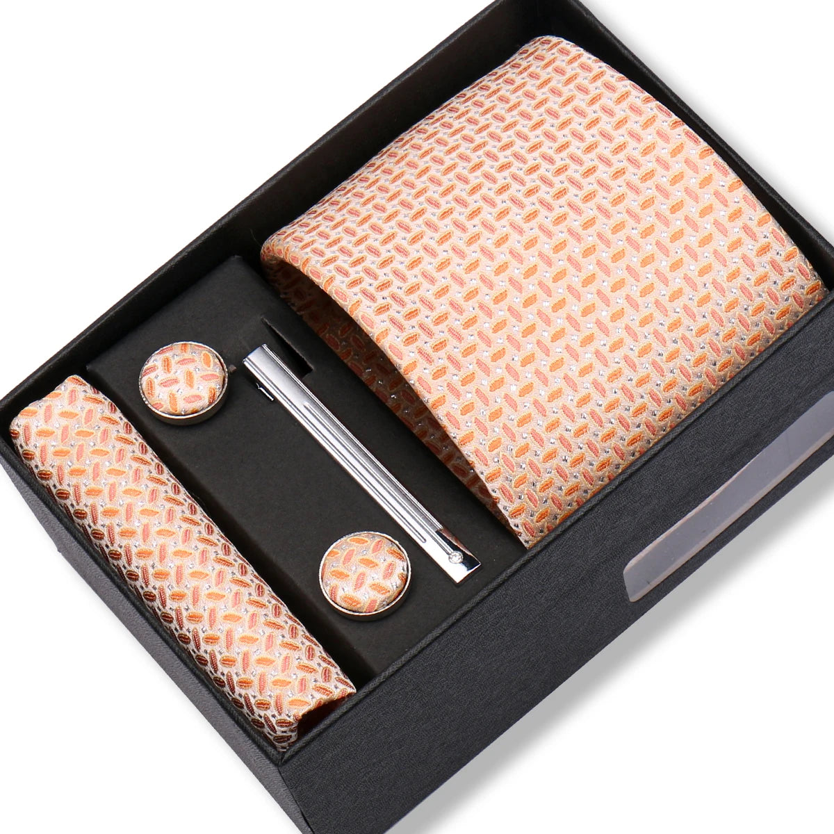 Coffret Cravate Beige & Orange Motif Raffiné