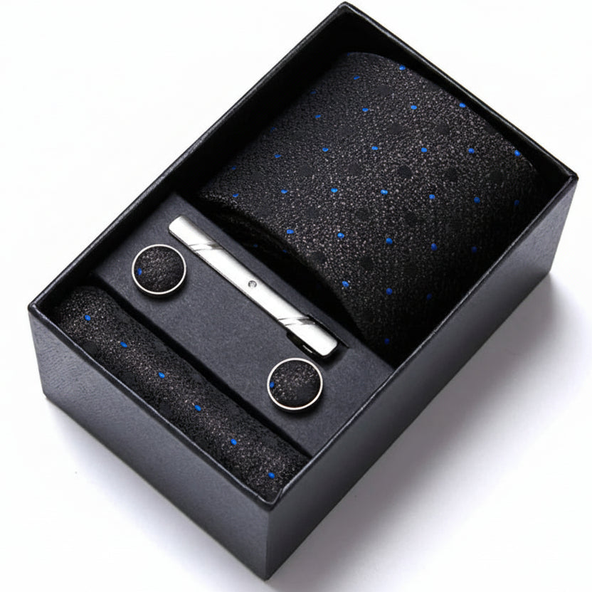 Coffret Cravate Noire à Pois Bleus
