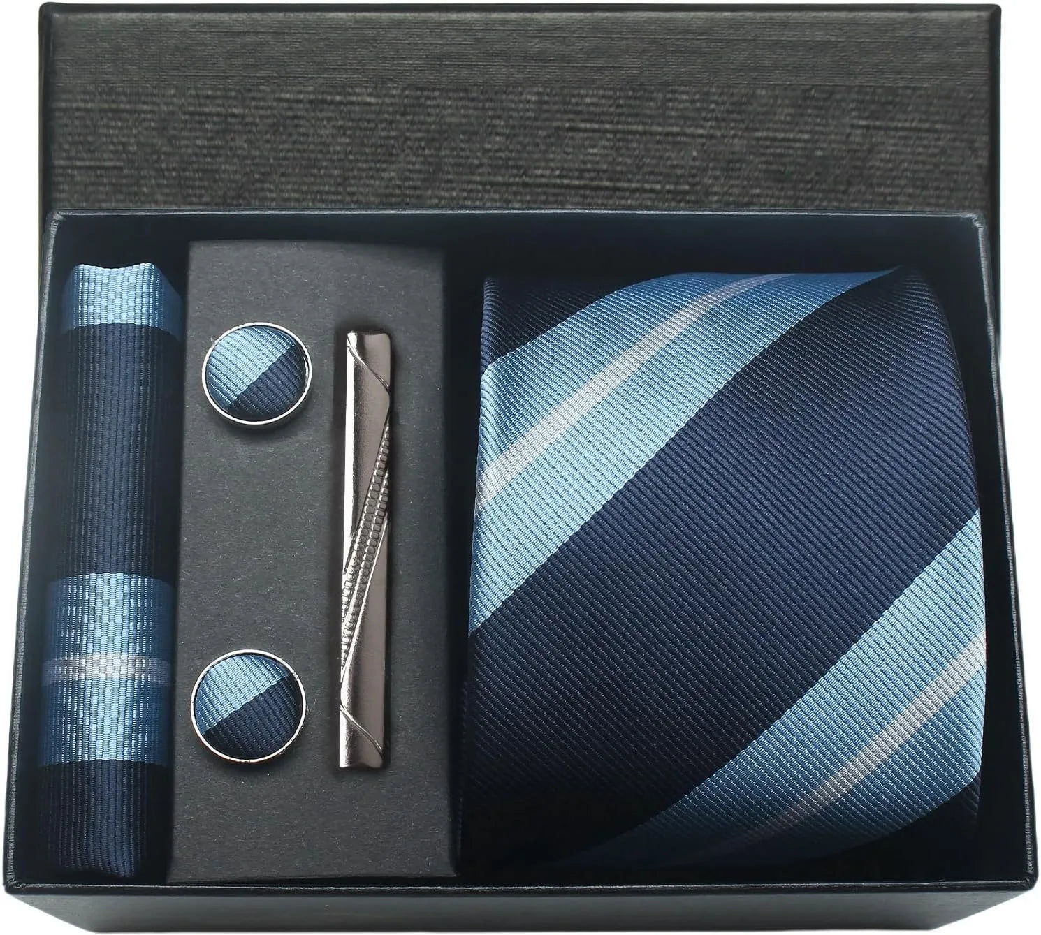 Coffret Cravate Rayée Bleu Marine & Bleu Ciel