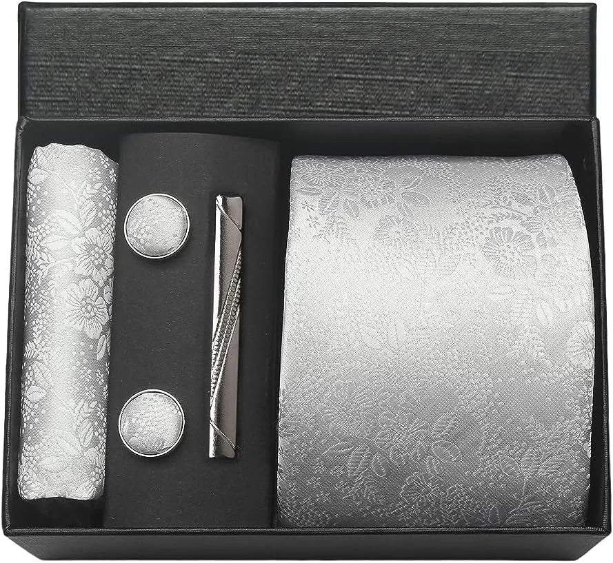 Coffret Cravate Argent à Motif Floral