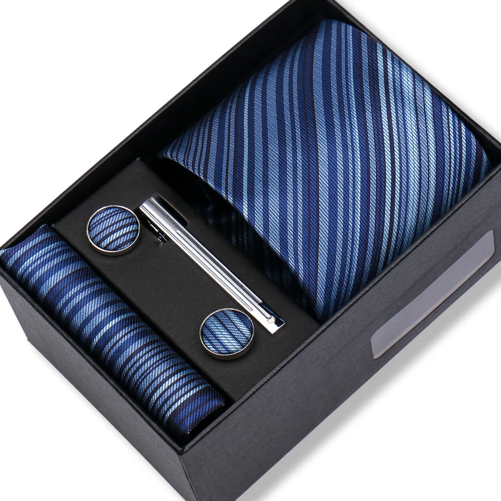 Coffret Cravate Bleu Nuit Rayures Fines