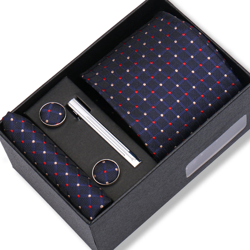 Coffret Cravate Bleu Marine à Motifs Géométriques Rouges
