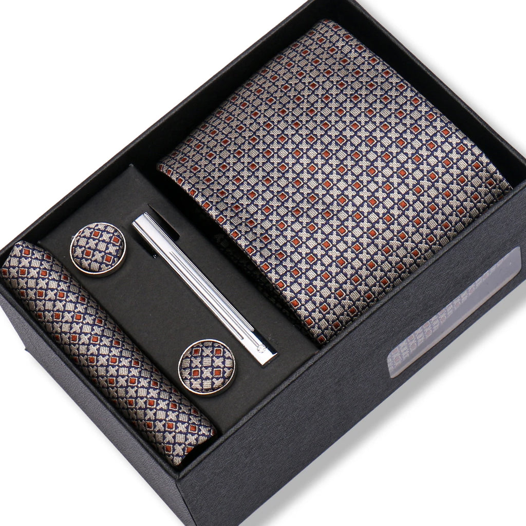 Coffret Cravate Jacquard Beige & Bleu