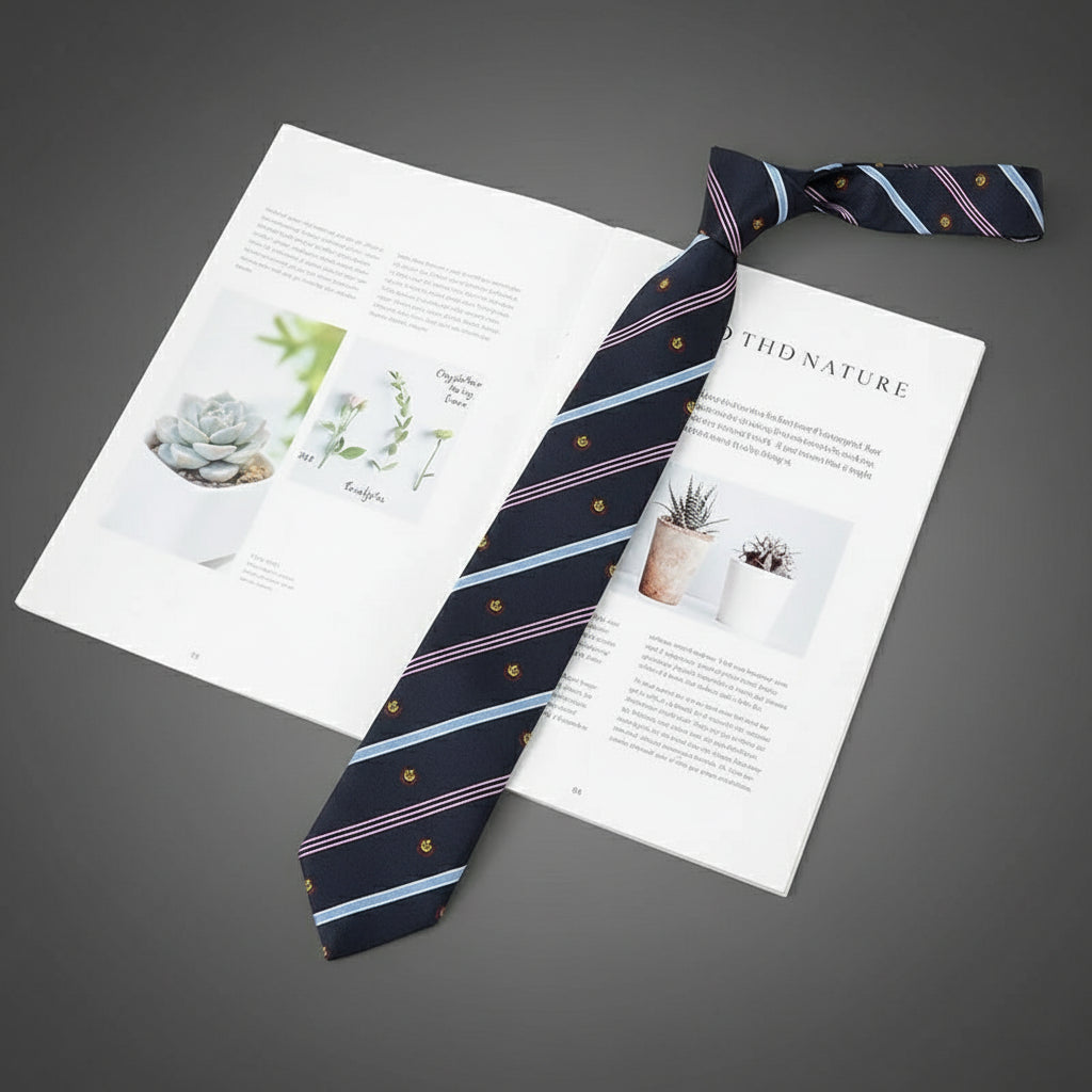 Cravate Slim Marine Rayée Bleu & Bordeaux à Motifs Brodés Dorés