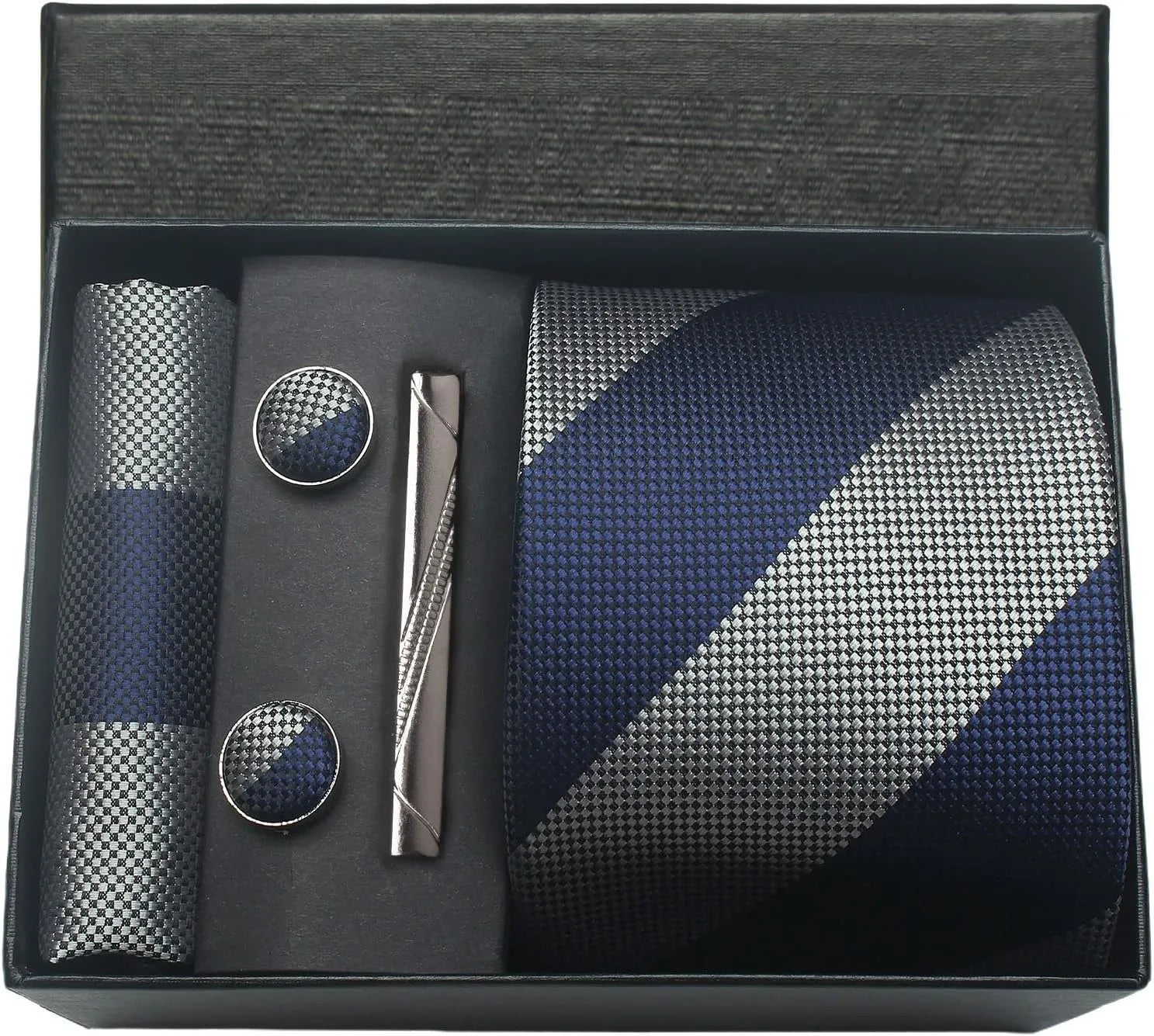 Coffret Cravate Rayée Bleu Marine & Argent
