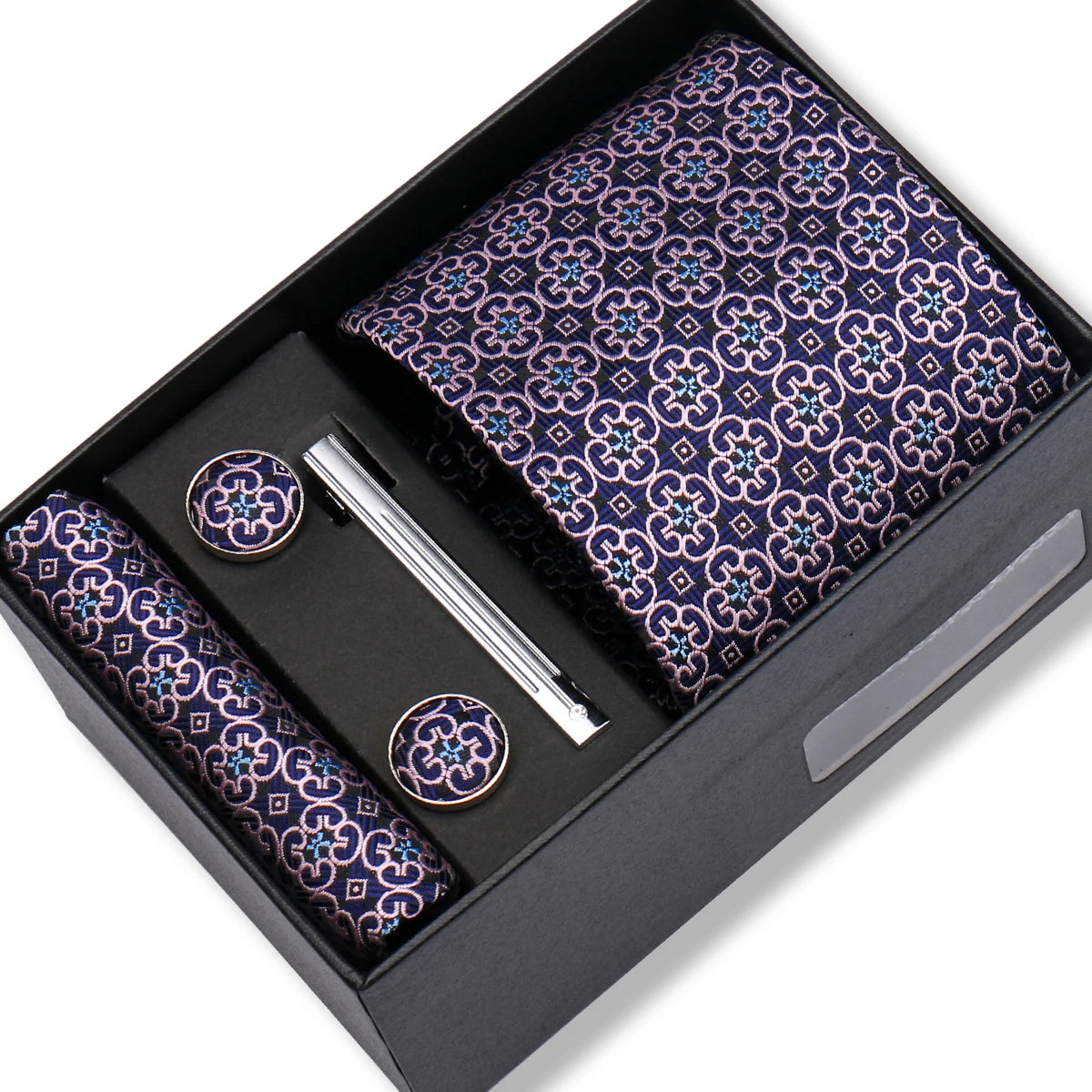Coffret Cravate Bleu Marine à Motif Arabesque