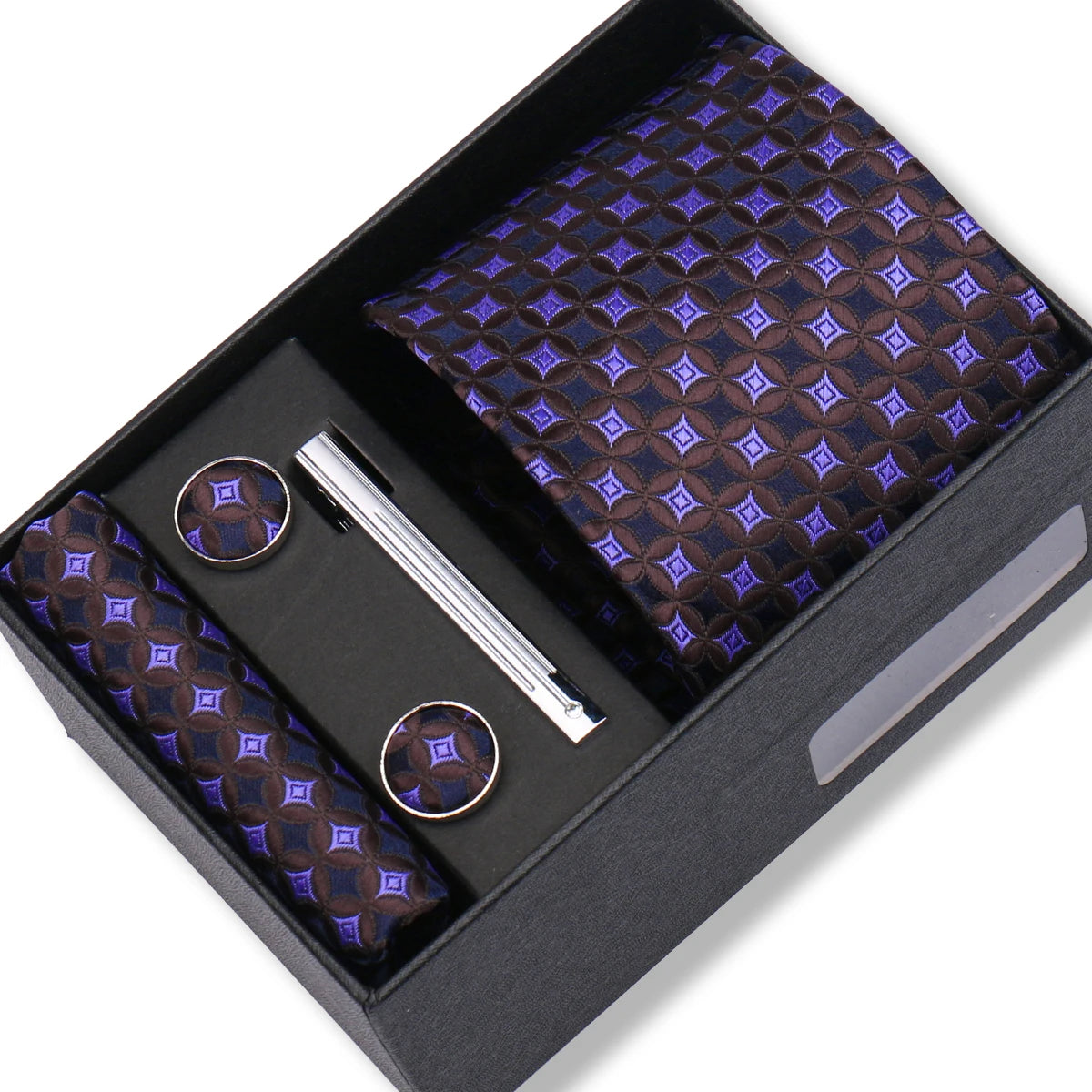 Coffret Cravate Marron & Violet Motif Géométrique