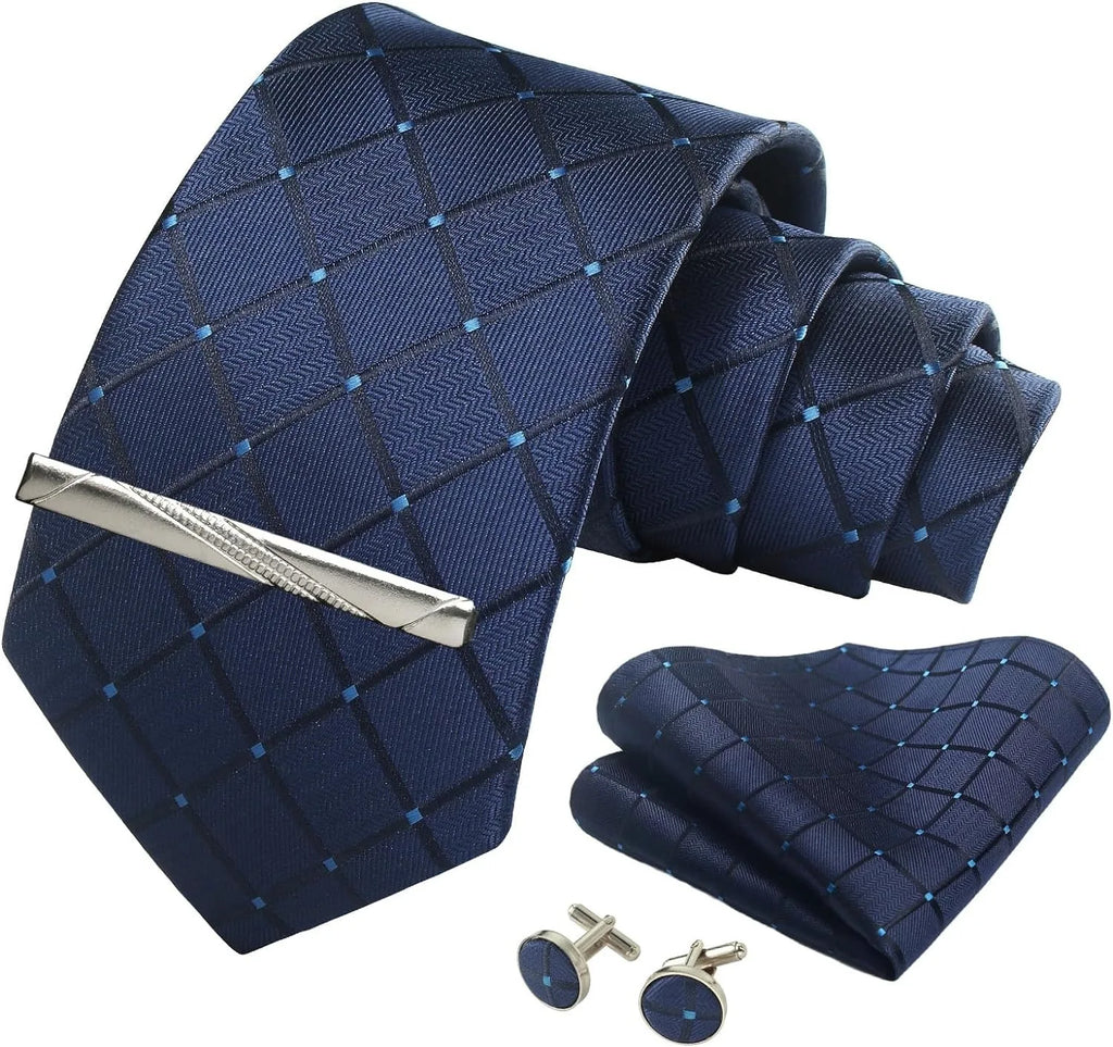 Coffret Cravate Bleu Marine à Motif Carreaux