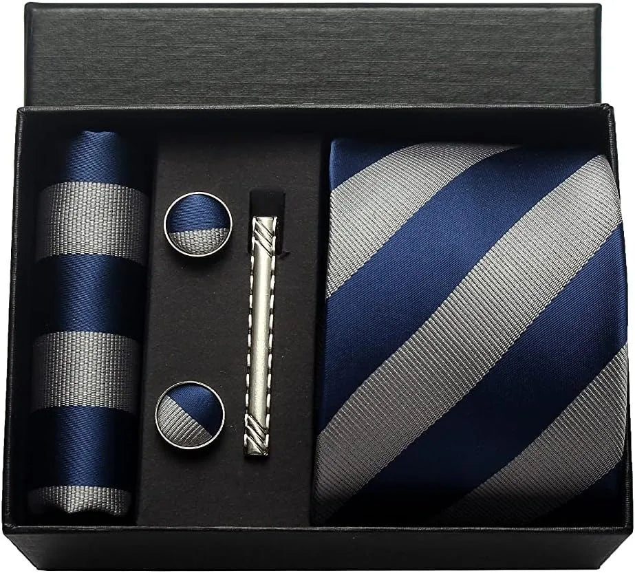 Coffret Cravate Rayée Bleu Marine & Grise