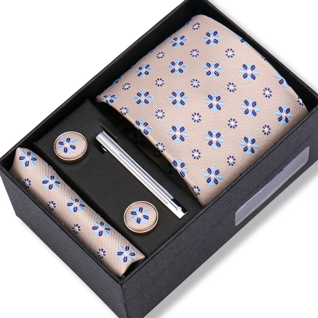 Coffret Cravate Beige à Motifs Floraux Bleus