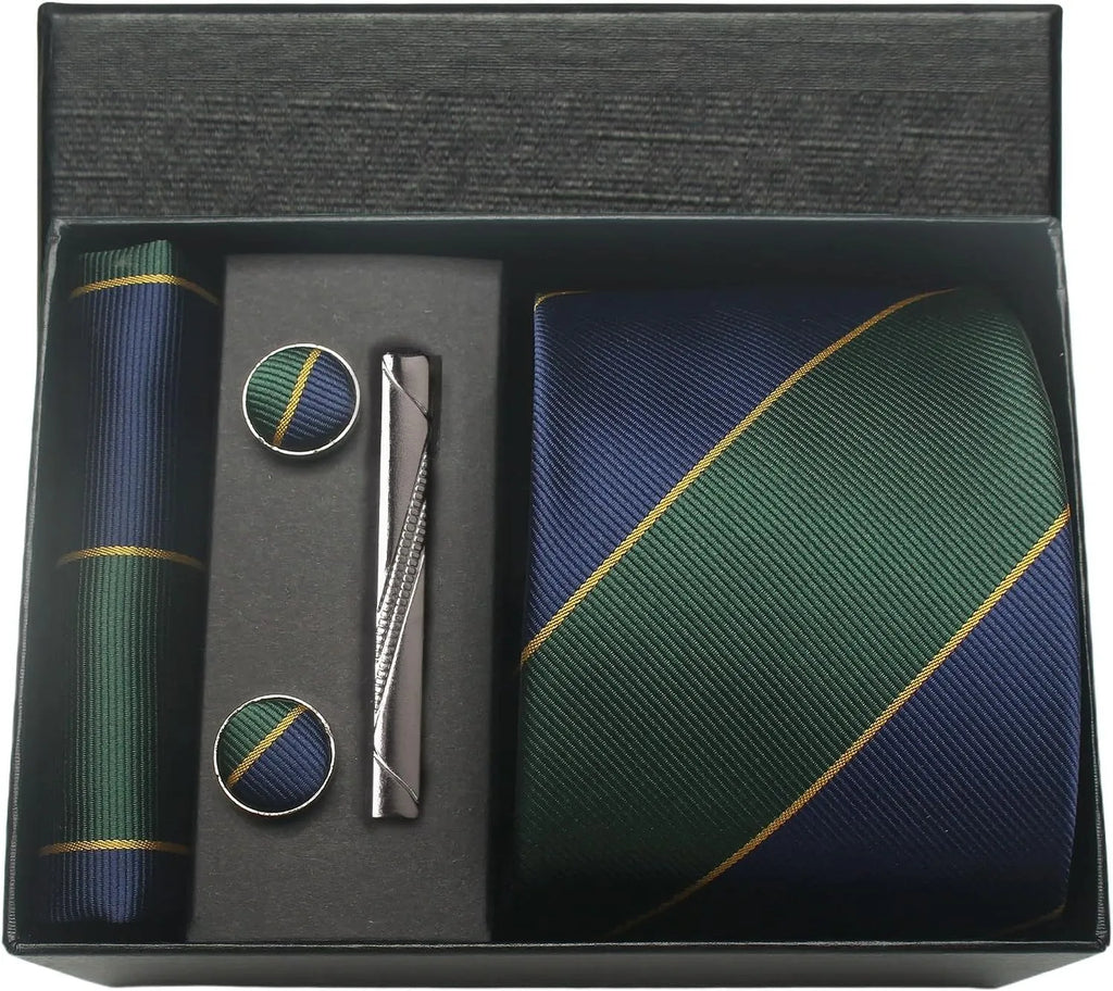 Coffret Cravate Rayée Vert et Bleu Marine