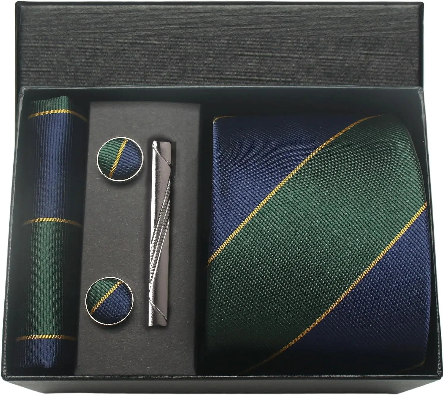 Coffret Cravate Rayée Vert et Bleu Marine