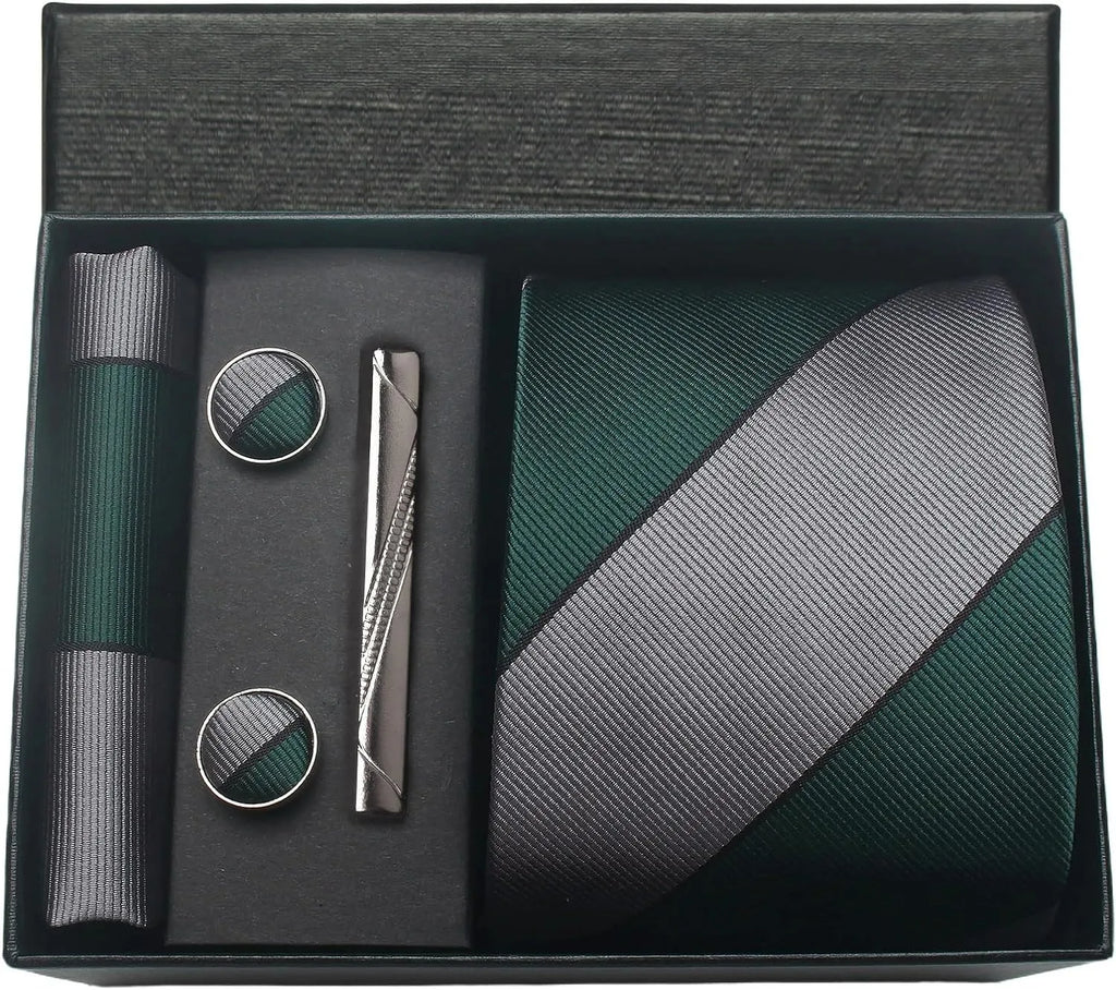 Coffret Cravate Rayée Vert & Argent